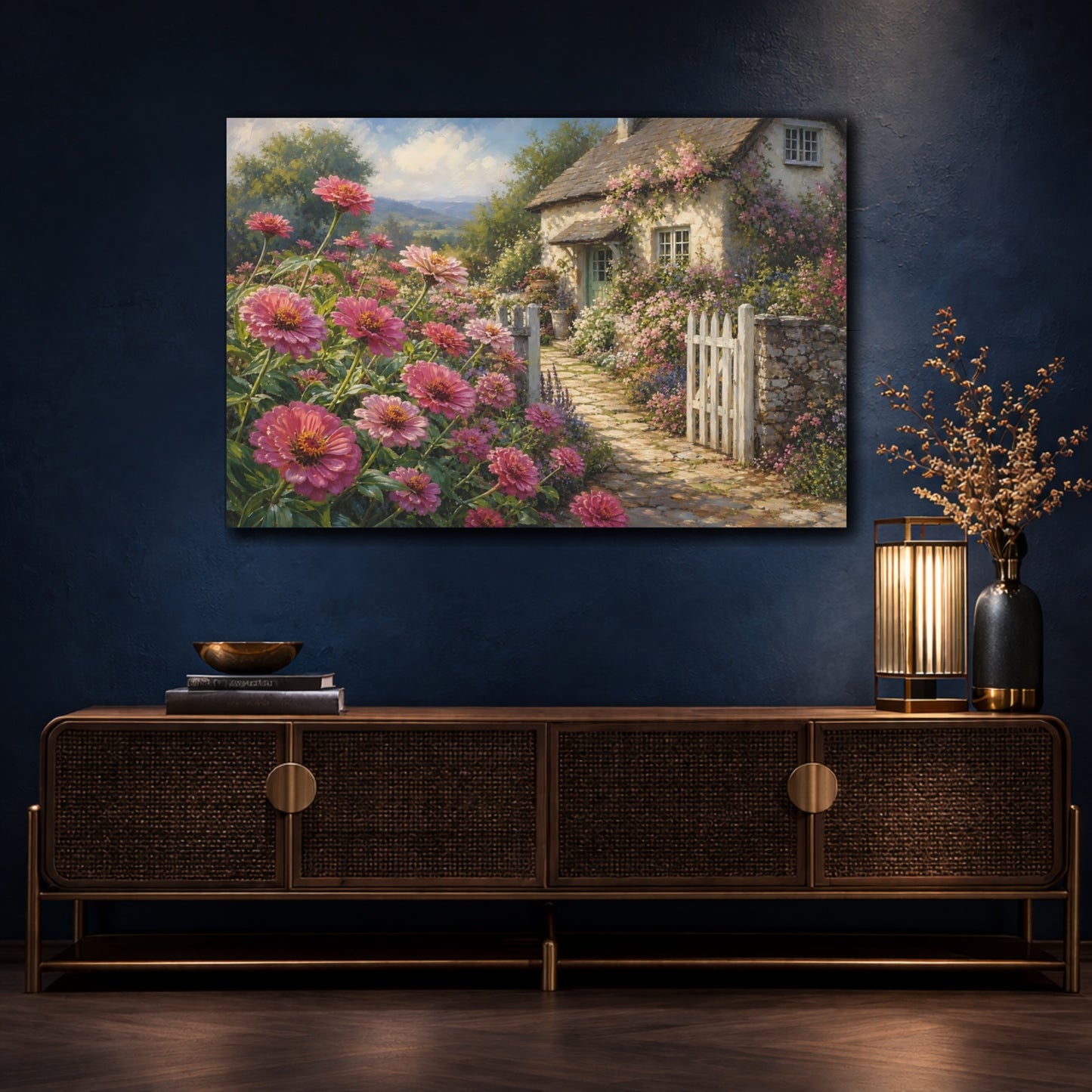 Mockup 4. Floral Pink Flowers Pink Cottage Garden shown as stretched canvas wall art