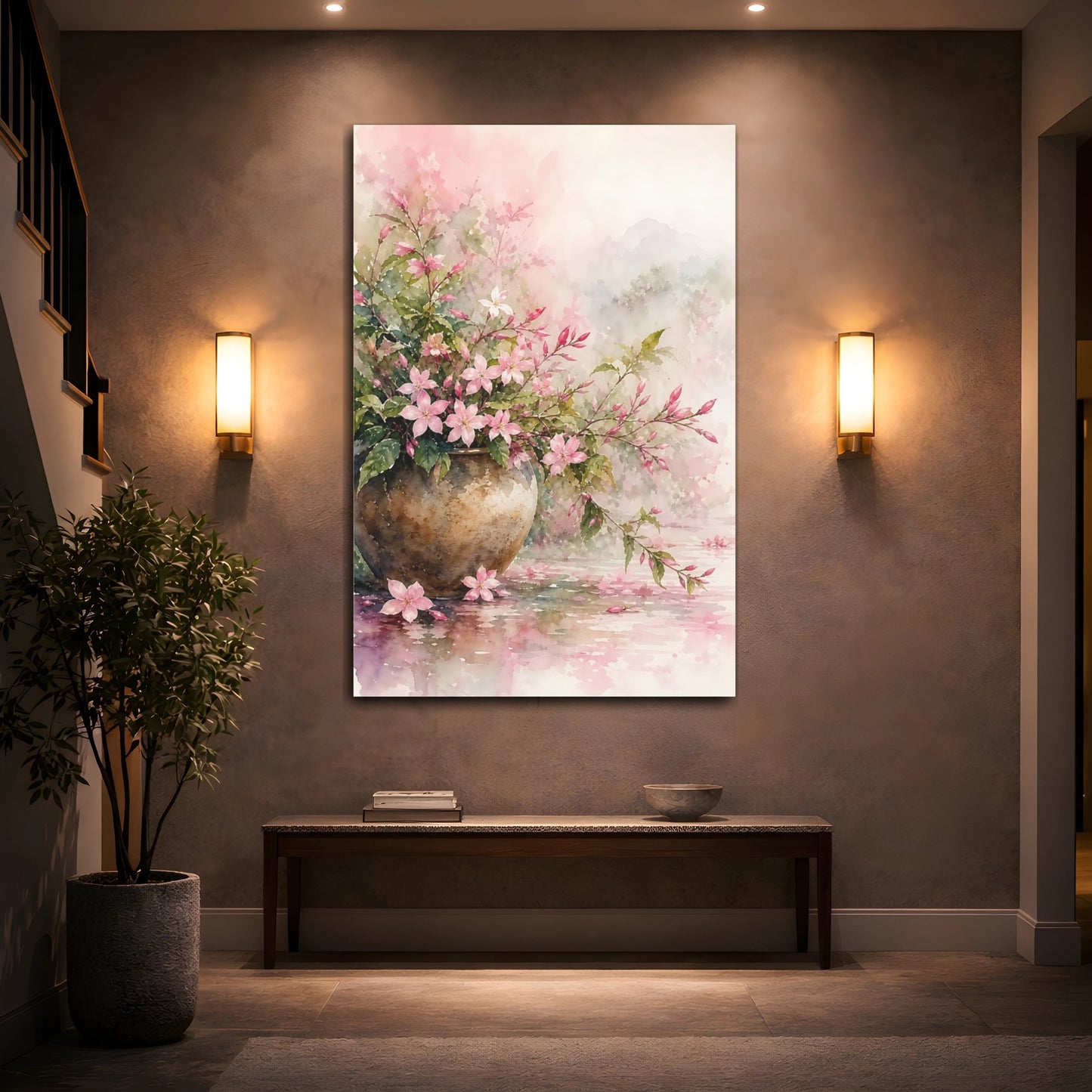 Mockup 2. Floral Pink Flowers Pink Floral Watercolor shown as stretched canvas wall art