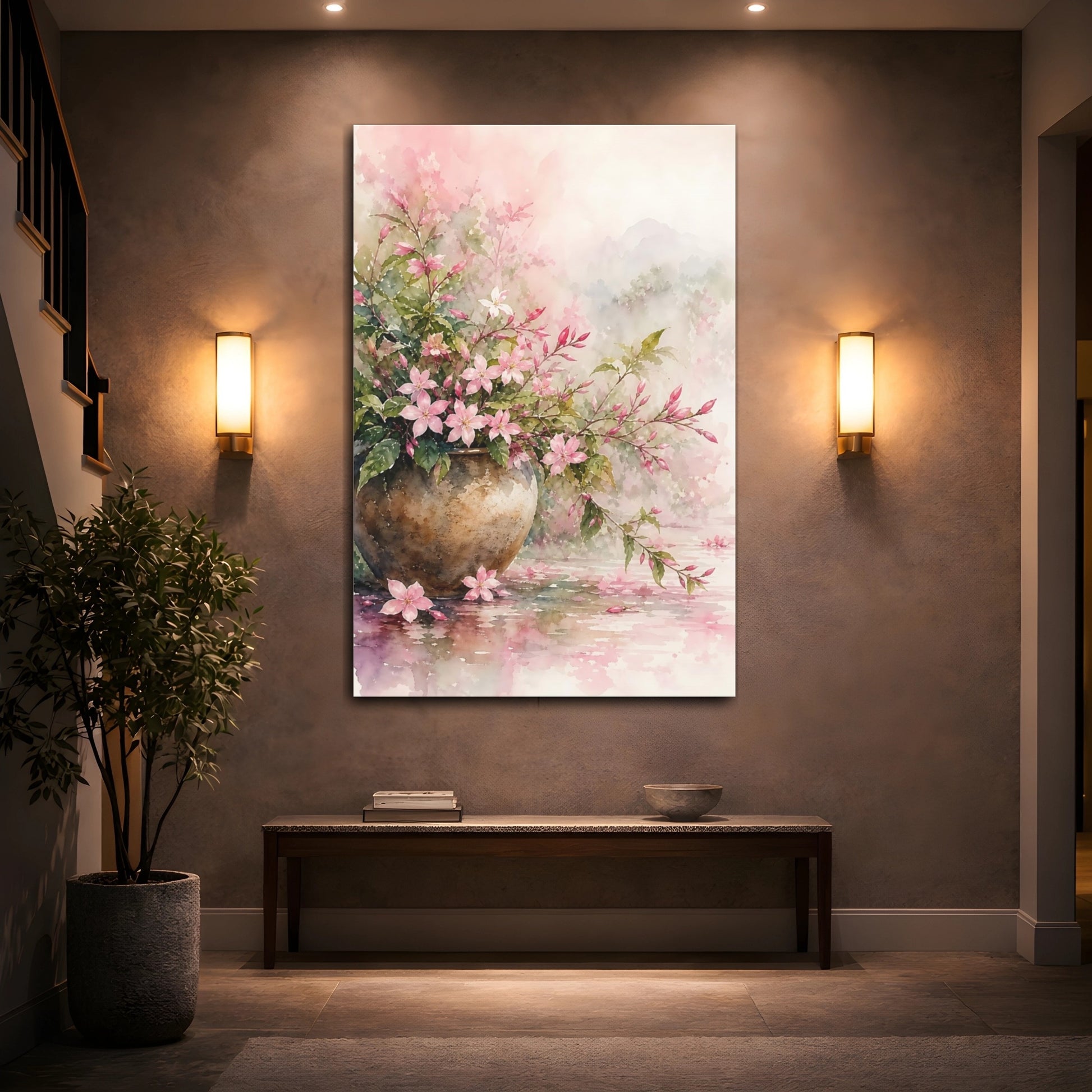 Mockup 2. Floral Pink Flowers Pink Floral Watercolor shown as stretched canvas wall art