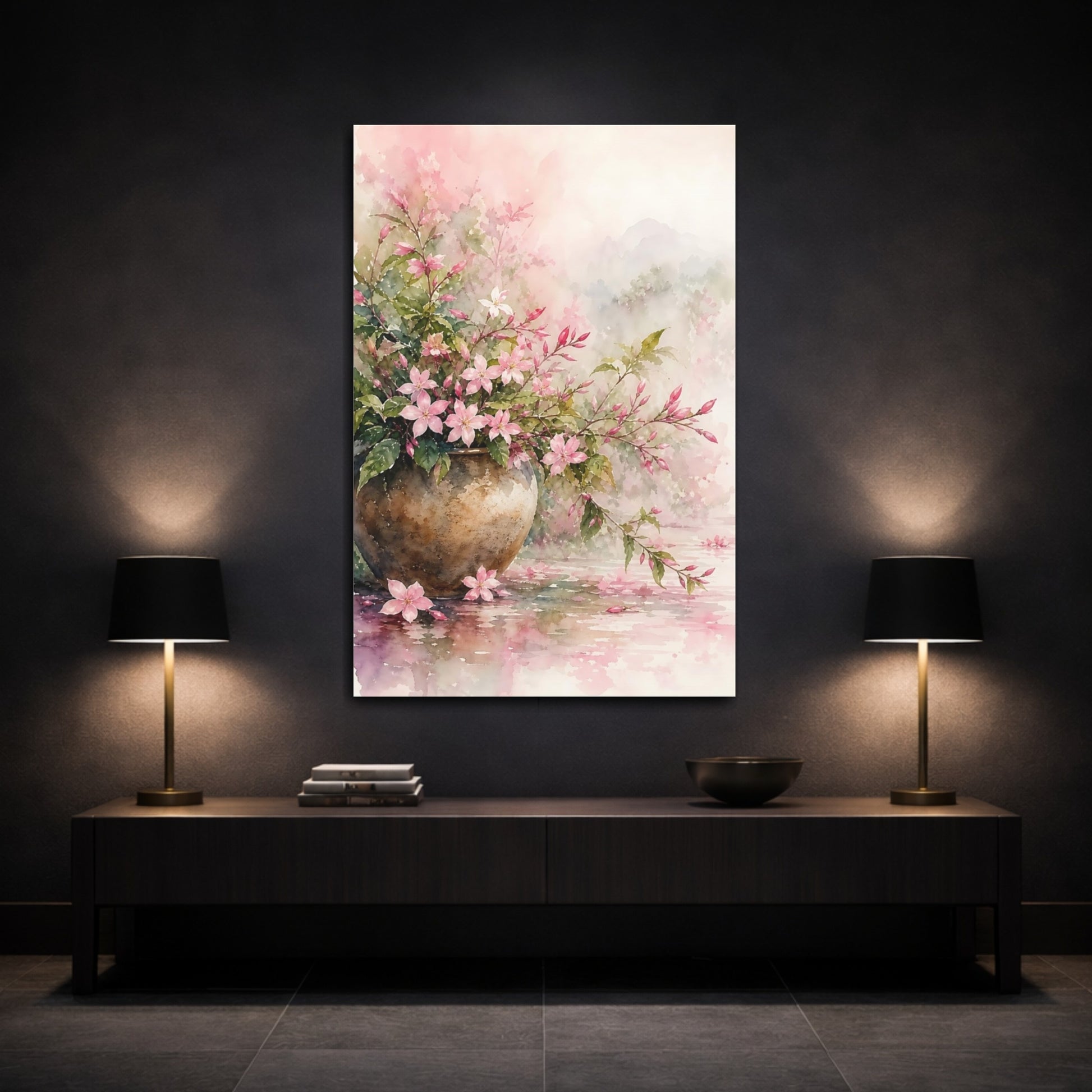 Mockup 3. Floral Pink Flowers Pink Floral Watercolor shown as stretched canvas wall art