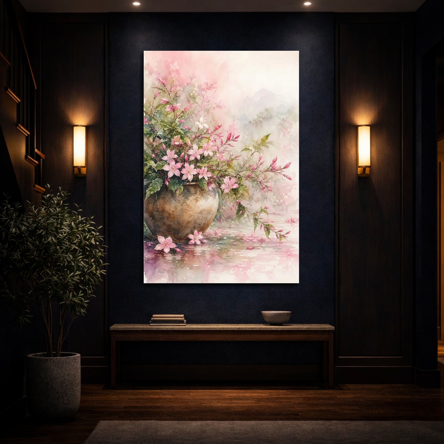 Mockup 4. Floral Pink Flowers Pink Floral Watercolor shown as stretched canvas wall art