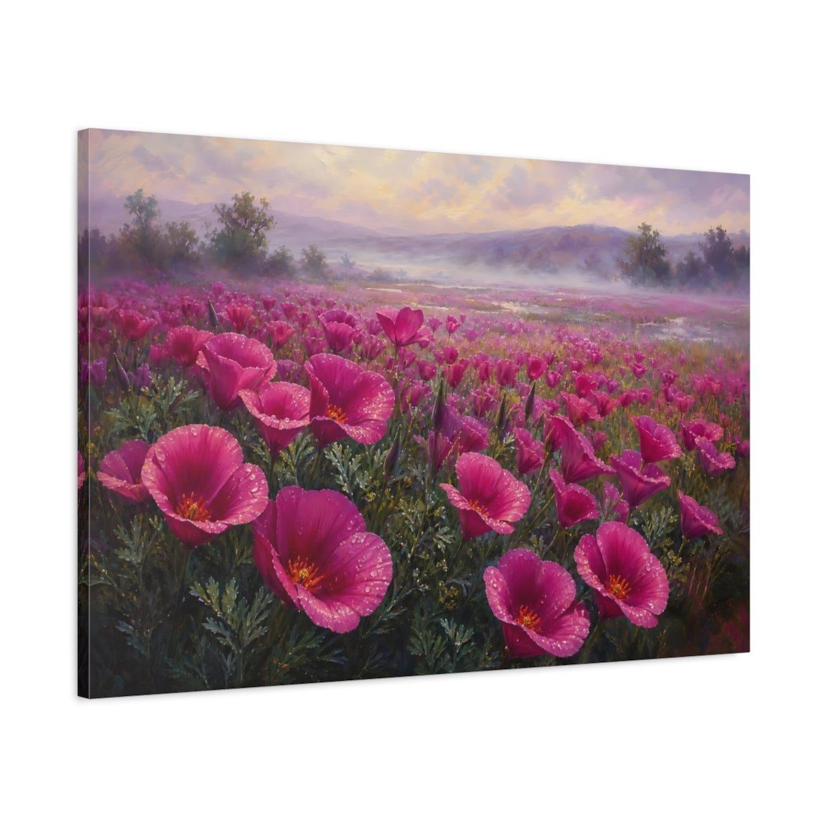 Main Mockup. Floral Pink Flowers Pink Flower Field shown as stretched canvas wall art