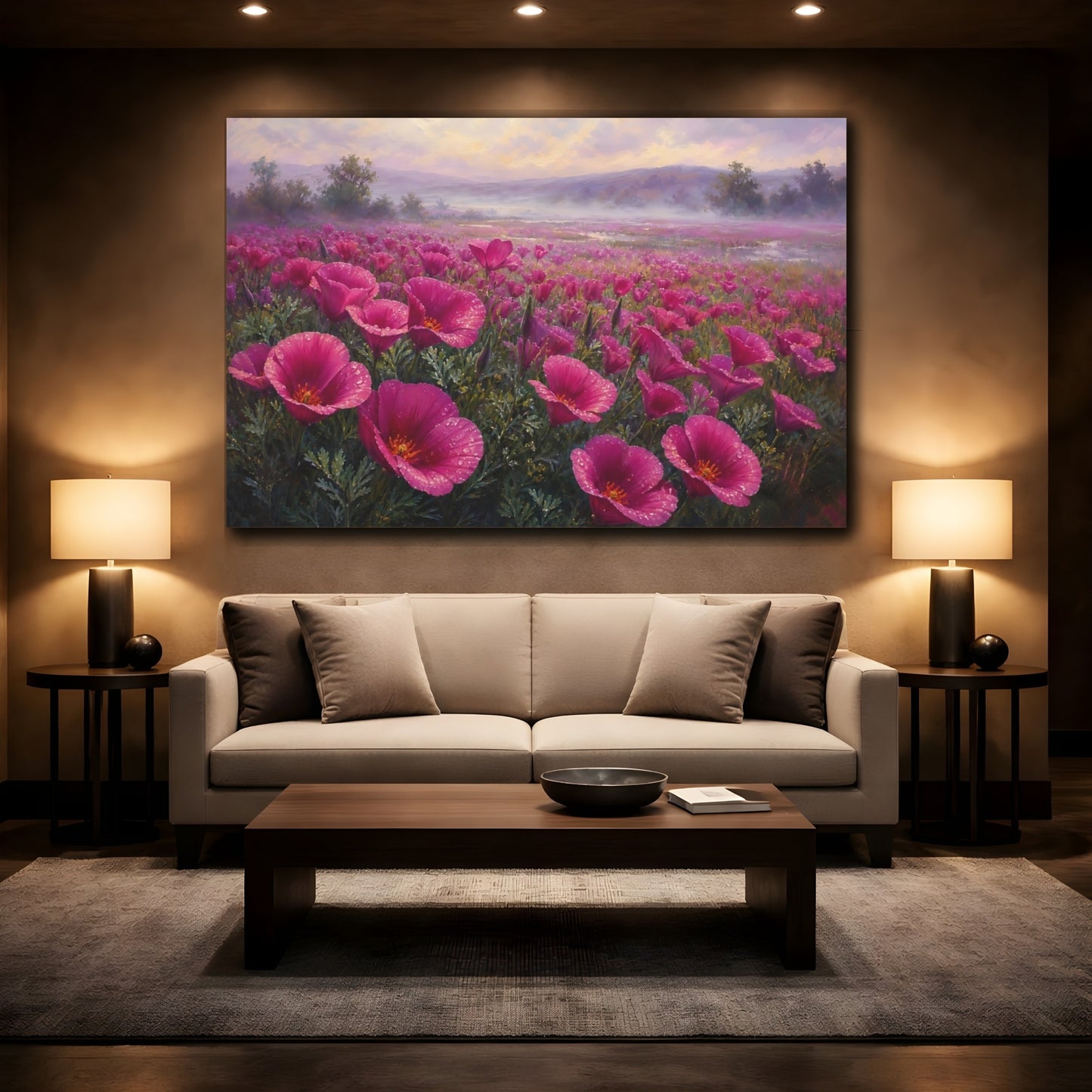Mockup 2. Floral Pink Flowers Pink Flower Field shown as stretched canvas wall art