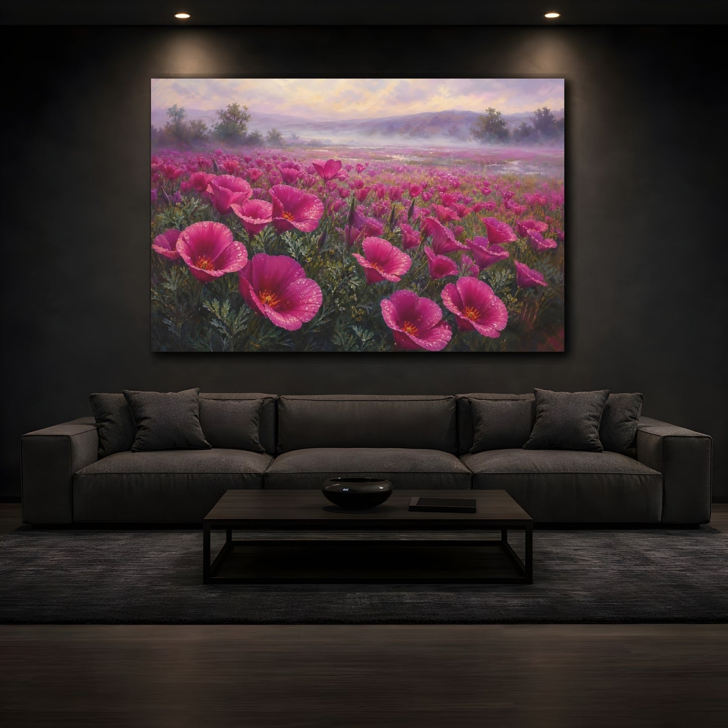 Mockup 3. Floral Pink Flowers Pink Flower Field shown as stretched canvas wall art
