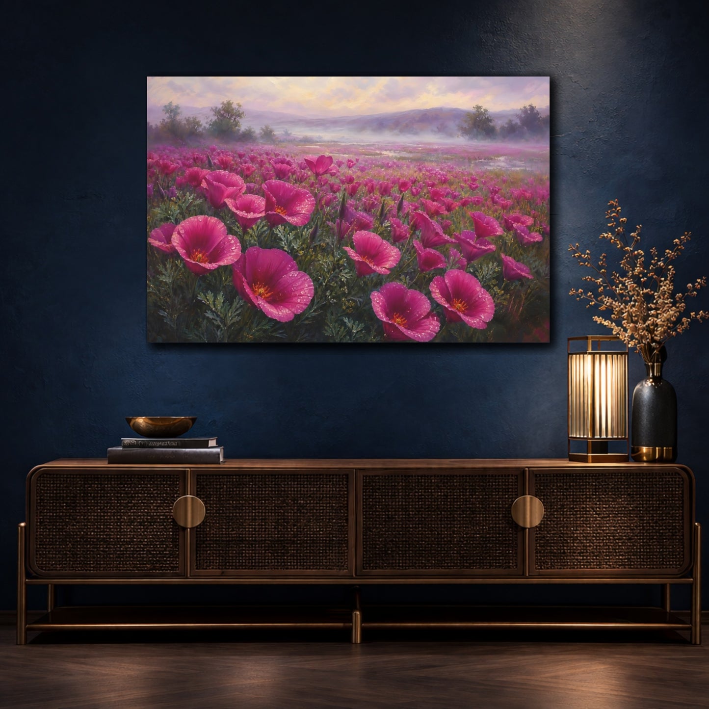 Mockup 4. Floral Pink Flowers Pink Flower Field shown as stretched canvas wall art