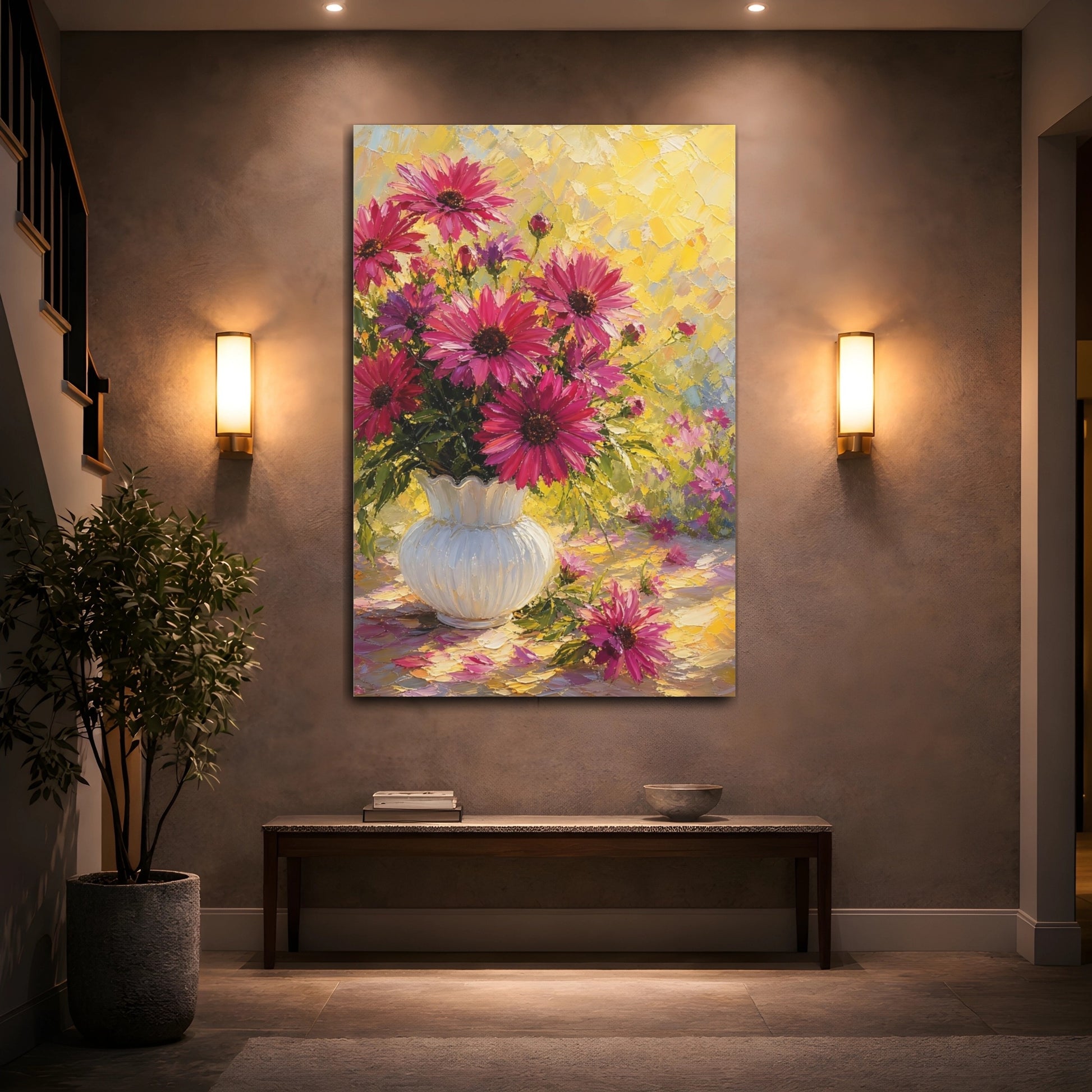 Mockup 2. Floral Pink Flowers Pink Flowers Yellow shown as stretched canvas wall art