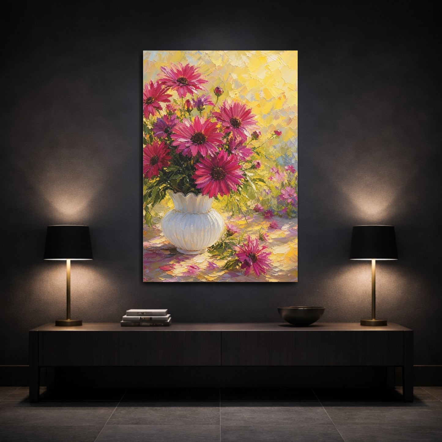 Mockup 3. Floral Pink Flowers Pink Flowers Yellow shown as stretched canvas wall art