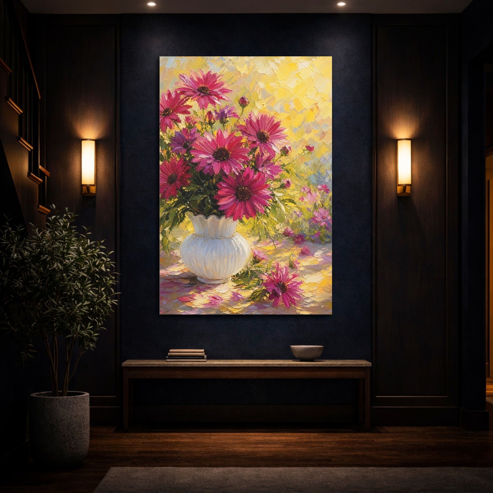 Mockup 4. Floral Pink Flowers Pink Flowers Yellow shown as stretched canvas wall art