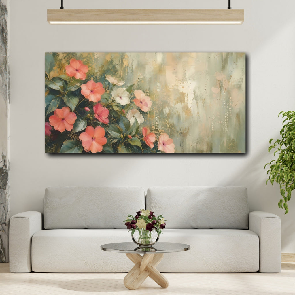 Mockup 2. Floral Pink Flowers Pink Gold Floral shown as stretched canvas wall art
