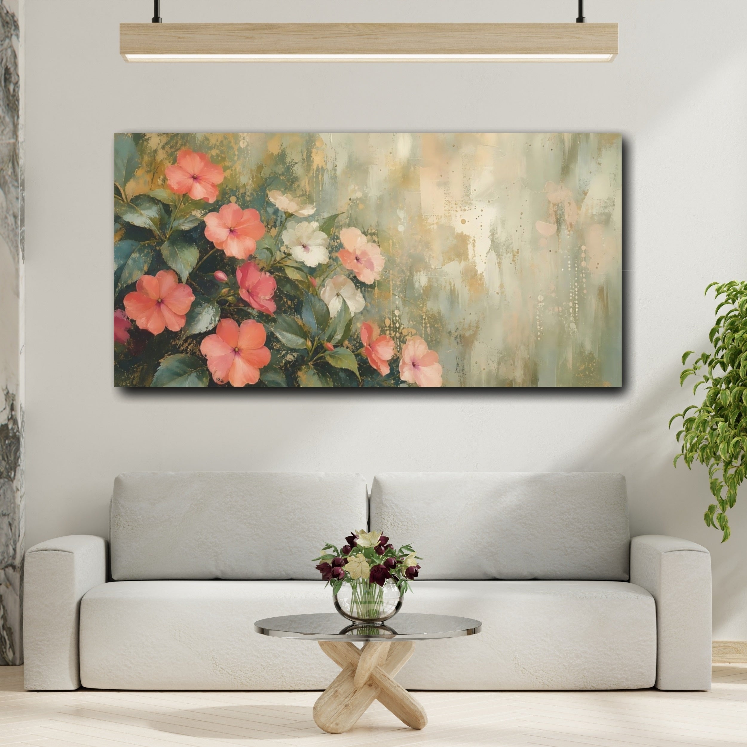 Mockup 2. Floral Pink Flowers Pink Gold Floral shown as stretched canvas wall art
