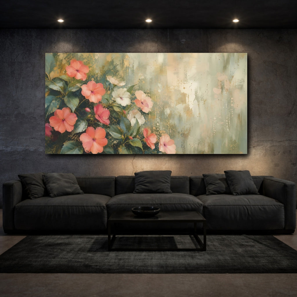 Mockup 3. Floral Pink Flowers Pink Gold Floral shown as stretched canvas wall art