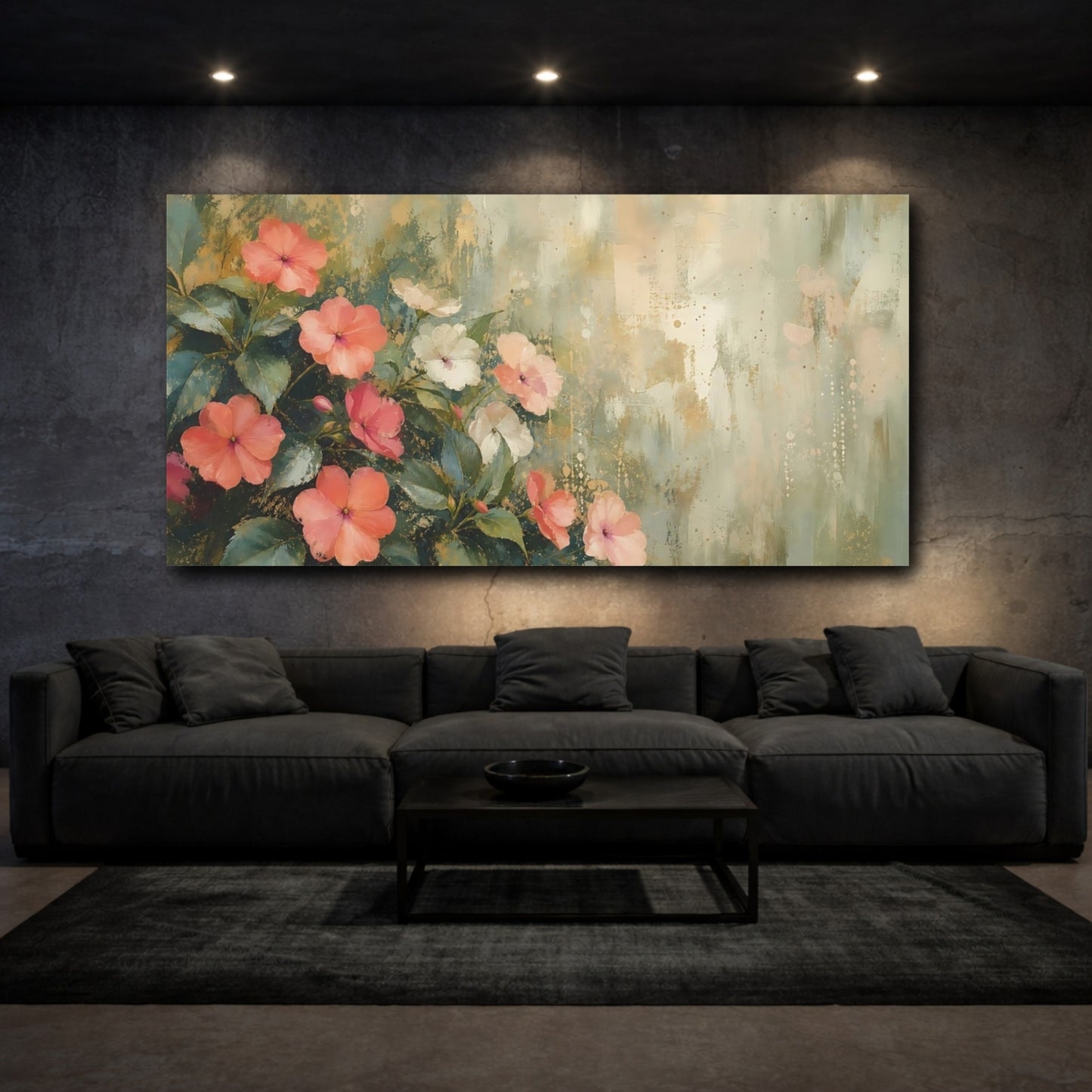 Mockup 3. Floral Pink Flowers Pink Gold Floral shown as stretched canvas wall art