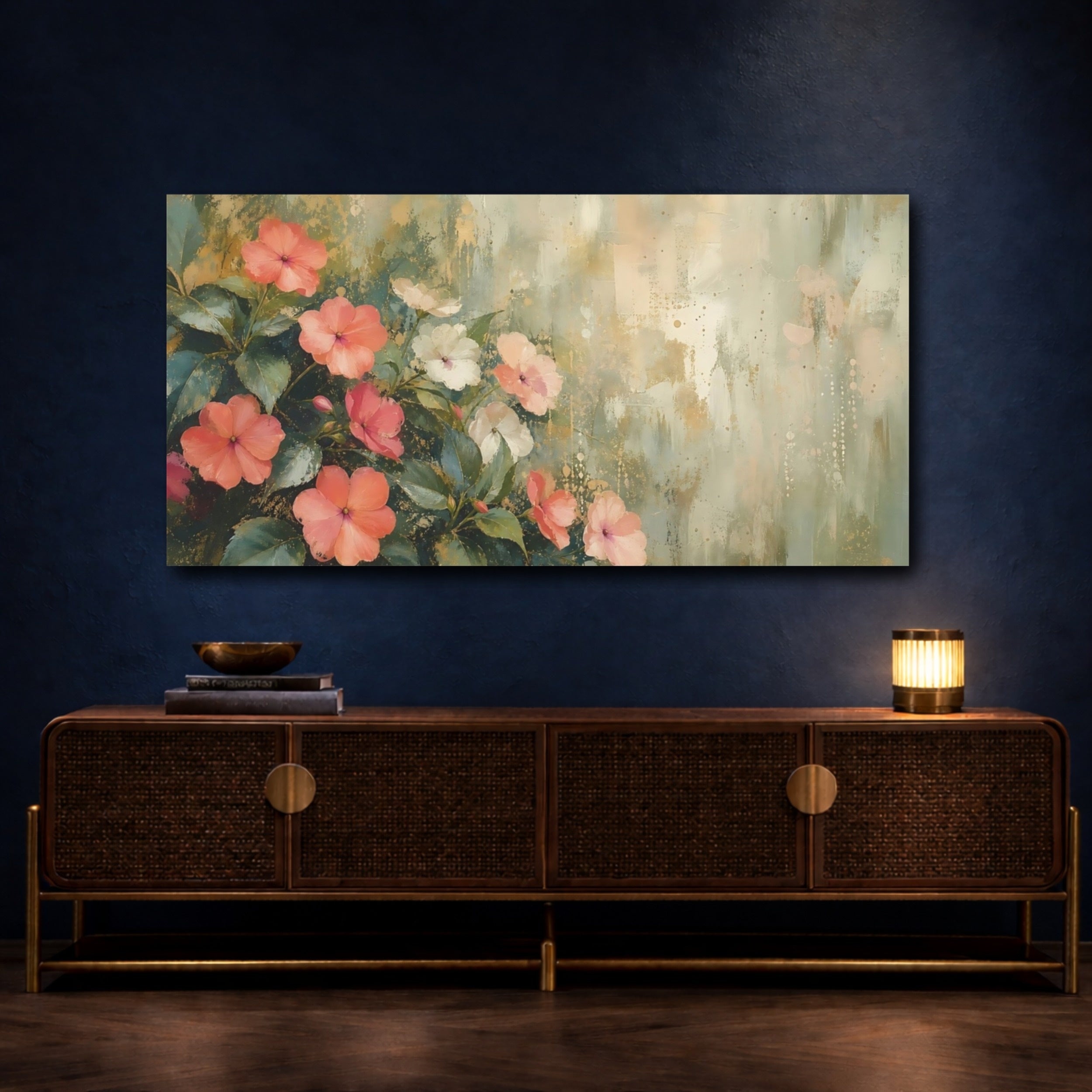 Mockup 4. Floral Pink Flowers Pink Gold Floral shown as stretched canvas wall art
