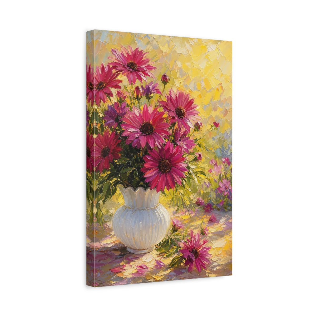 Side Mockup 4. Floral Pink Flowers Pink Flowers Yellow shown as stretched canvas wall art