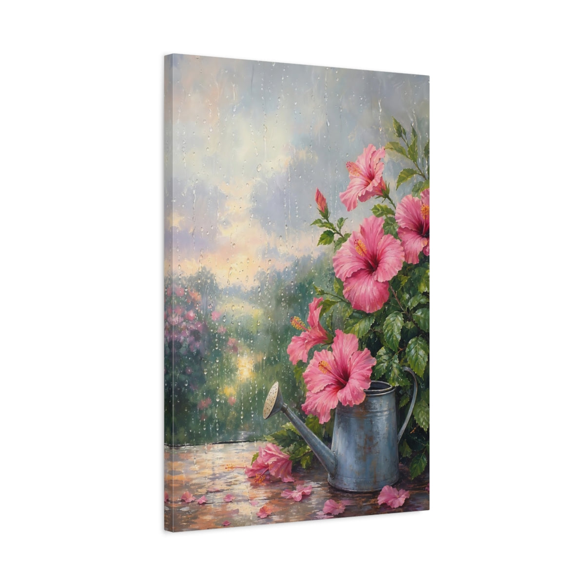 Side Mockup 2. Floral Pink Hibiscus Pink And Green shown as stretched canvas wall art