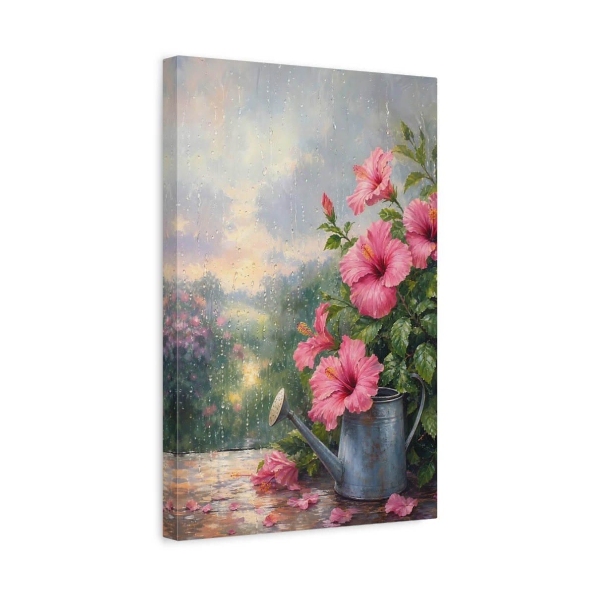 Side Mockup 4. Floral Pink Hibiscus Pink And Green shown as stretched canvas wall art