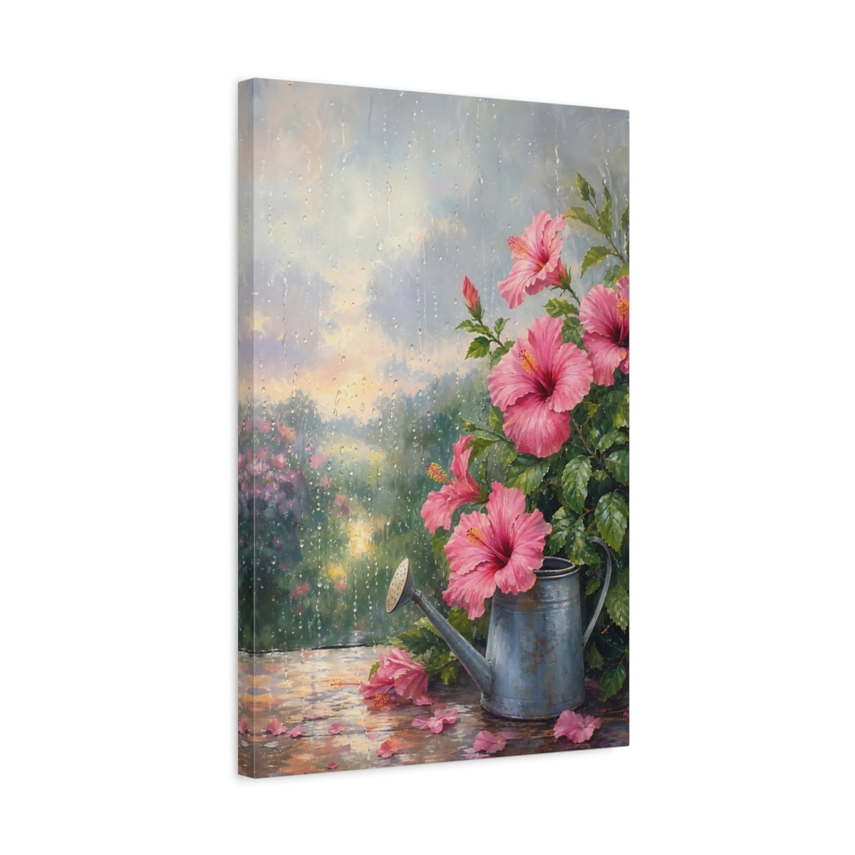 Side Mockup 3. Floral Pink Hibiscus Pink And Green shown as stretched canvas wall art