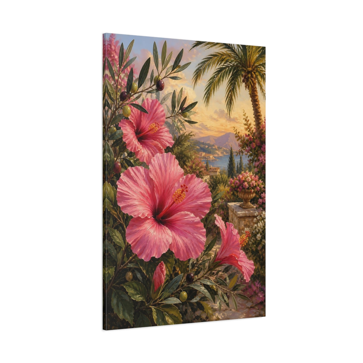 Side Mockup 1. Floral Pink Hibiscus Pink Hibiscus shown as stretched canvas wall art