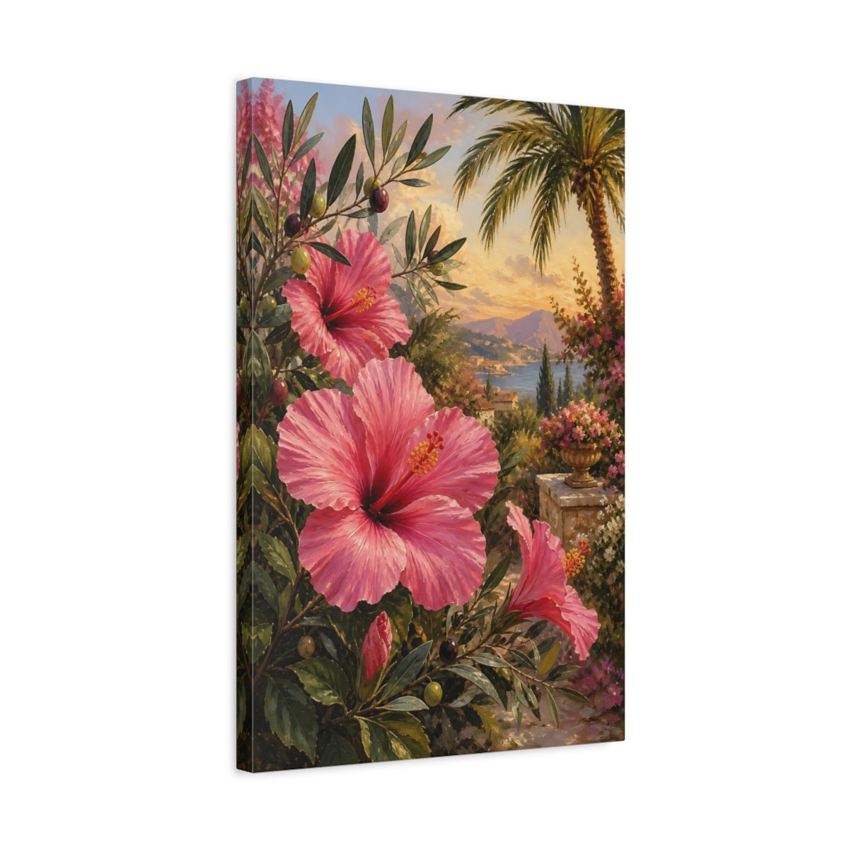 Side Mockup 3. Floral Pink Hibiscus Pink Hibiscus shown as stretched canvas wall art