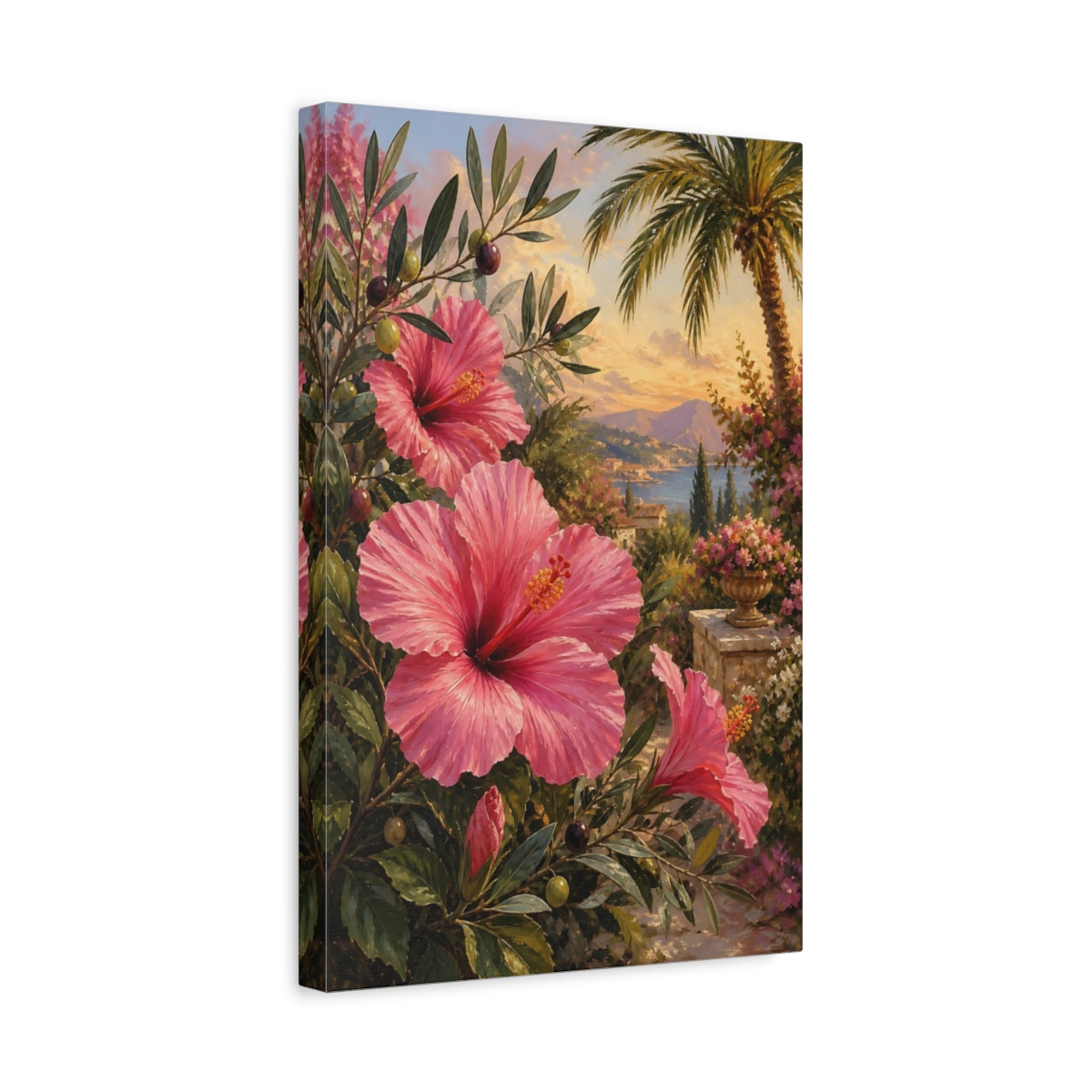Side Mockup 4. Floral Pink Hibiscus Pink Hibiscus shown as stretched canvas wall art