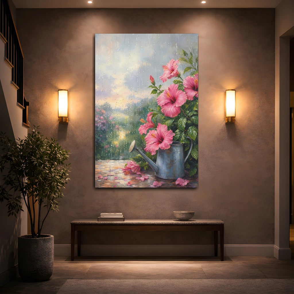 Mockup 2. Floral Pink Hibiscus Pink And Green shown as stretched canvas wall art
