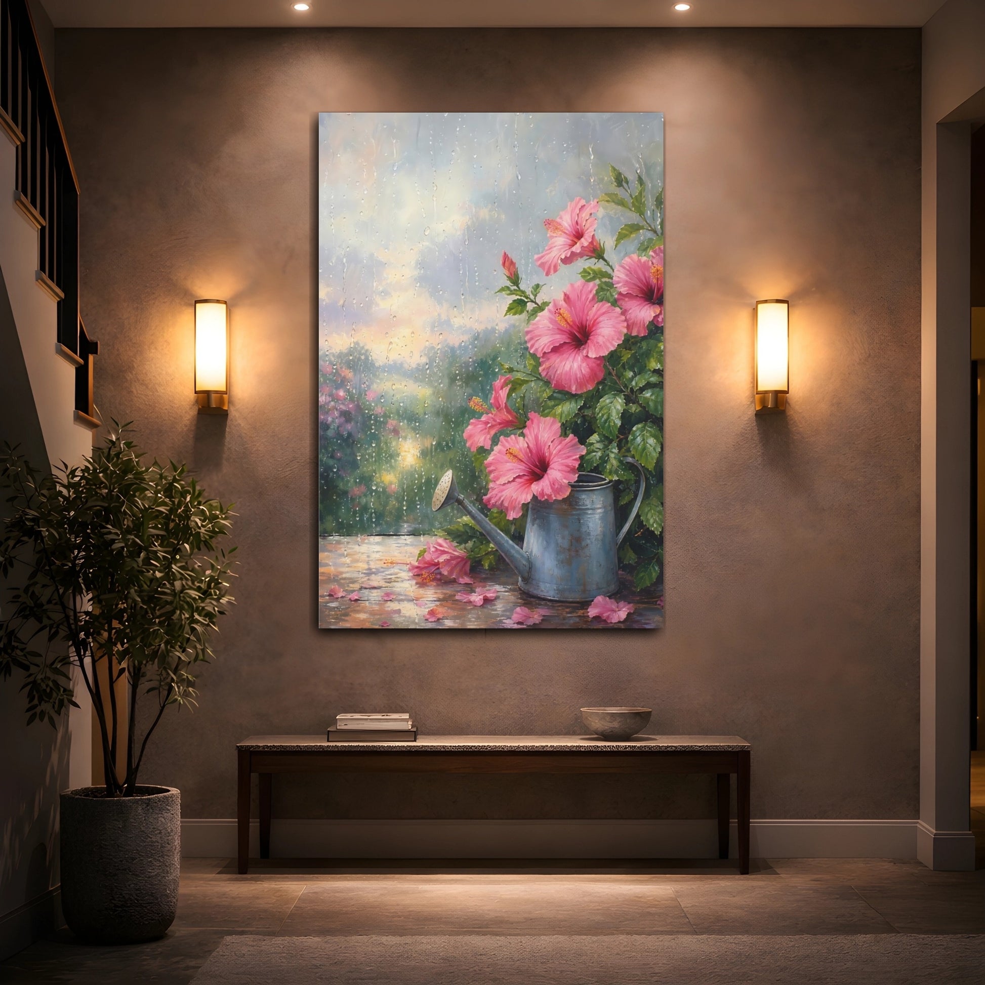 Mockup 2. Floral Pink Hibiscus Pink And Green shown as stretched canvas wall art