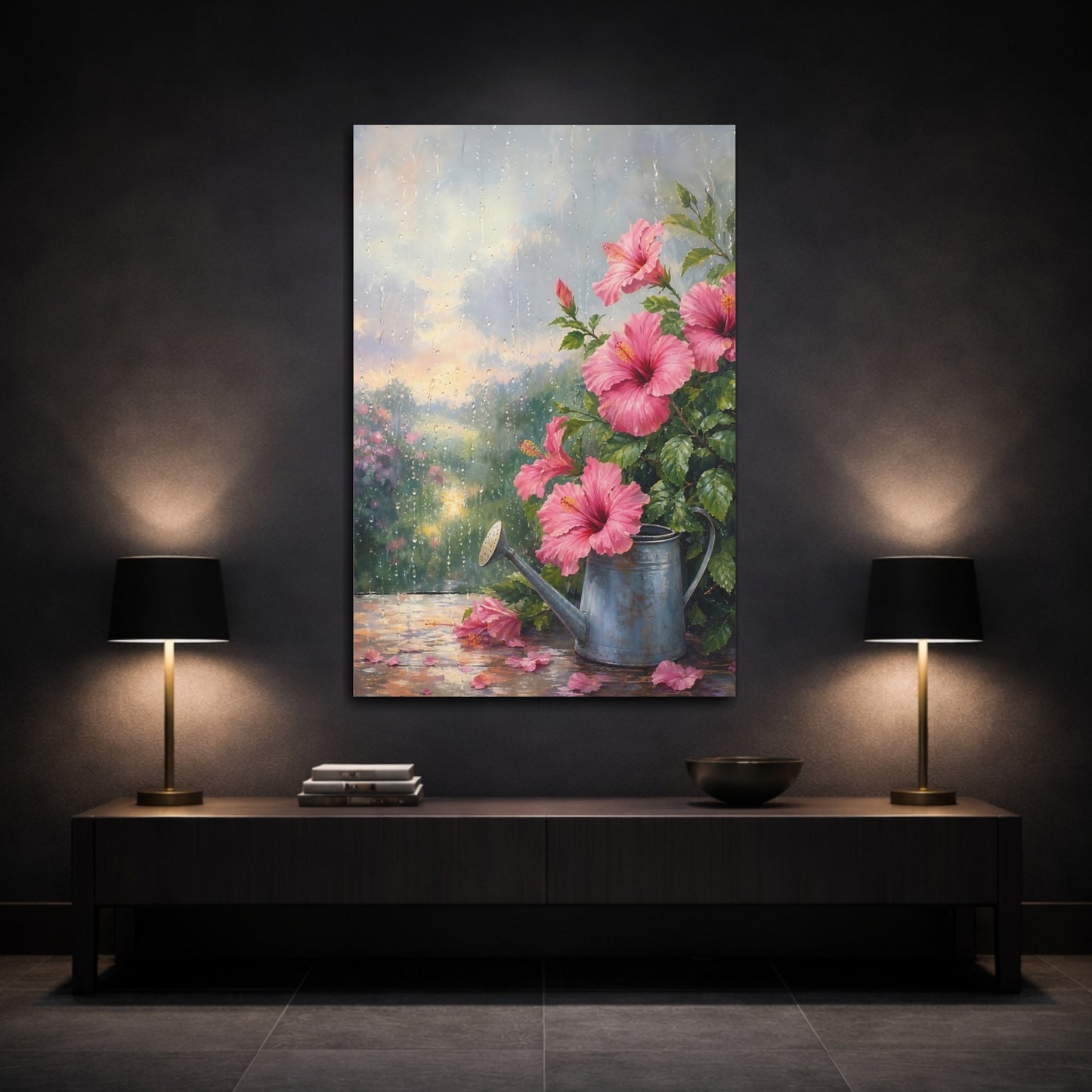 Mockup 3. Floral Pink Hibiscus Pink And Green shown as stretched canvas wall art