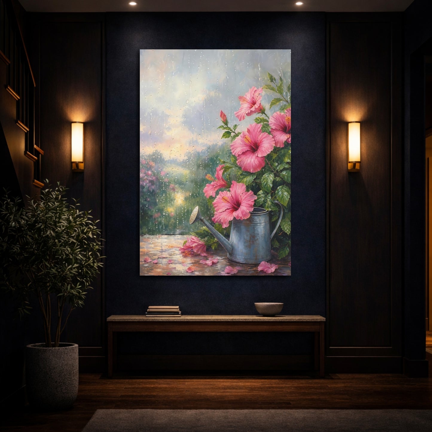 Mockup 4. Floral Pink Hibiscus Pink And Green shown as stretched canvas wall art