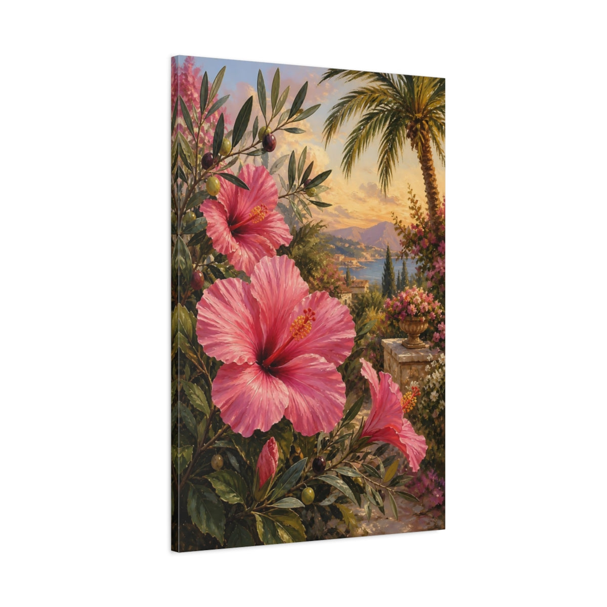 Main Mockup. Floral Pink Hibiscus Pink Hibiscus shown as stretched canvas wall art