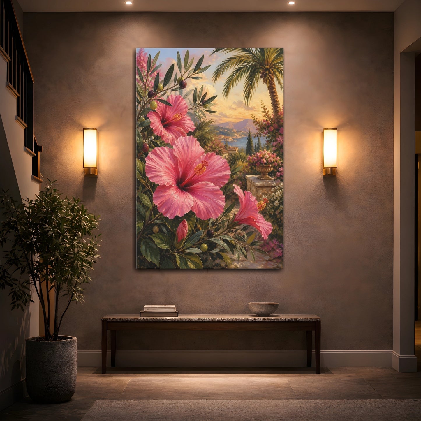 Mockup 2. Floral Pink Hibiscus Pink Hibiscus shown as stretched canvas wall art