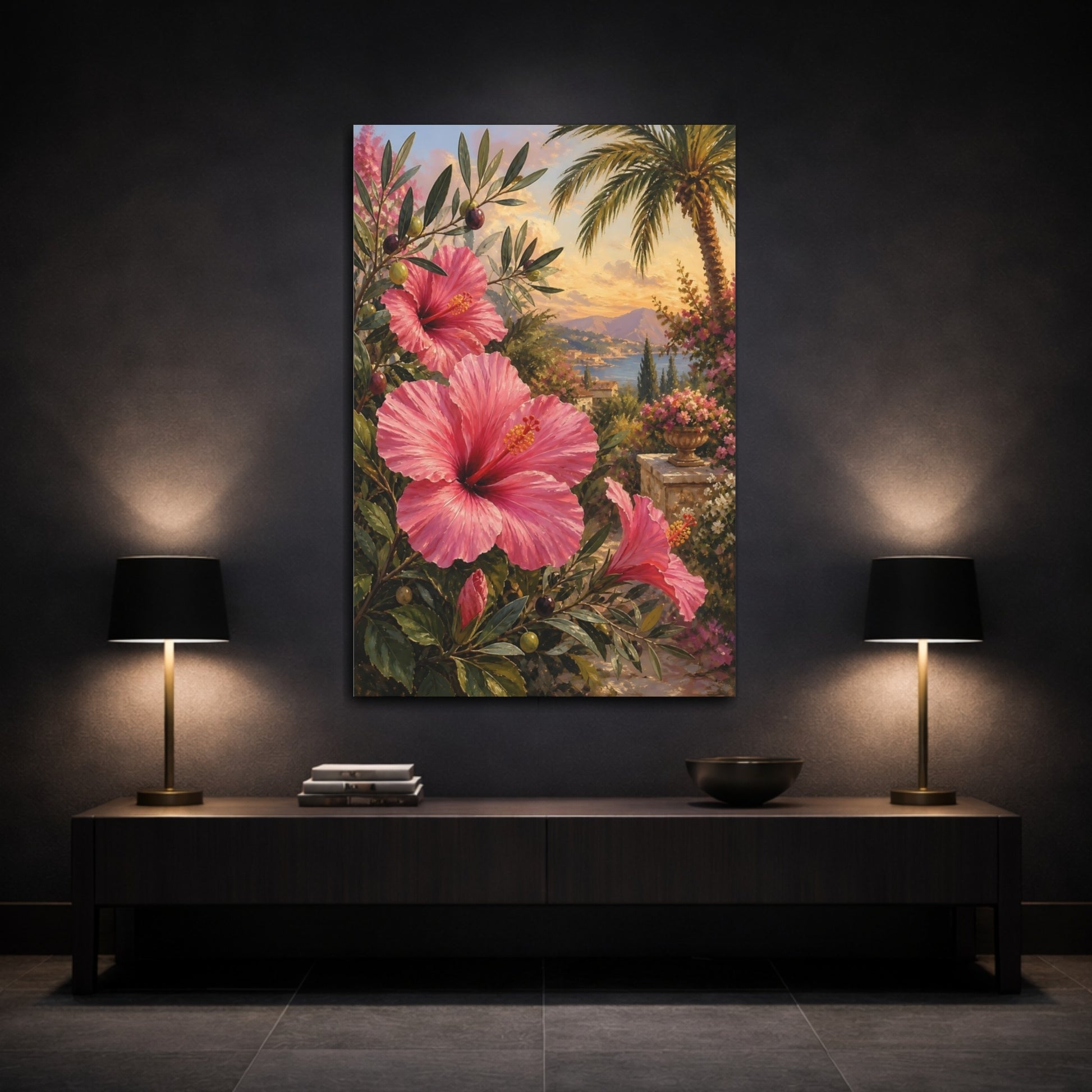 Mockup 3. Floral Pink Hibiscus Pink Hibiscus shown as stretched canvas wall art