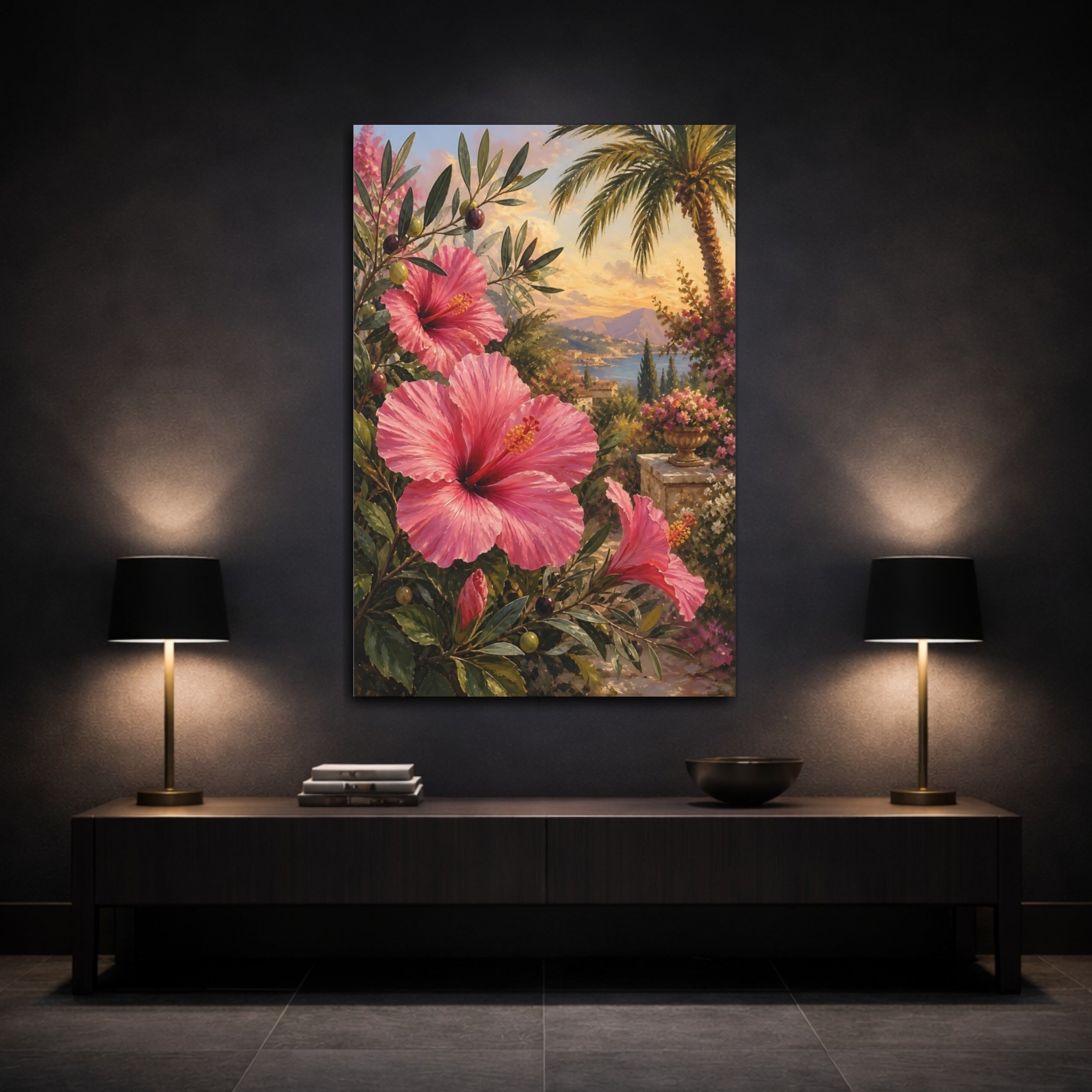 Mockup 3. Floral Pink Hibiscus Pink Hibiscus shown as stretched canvas wall art