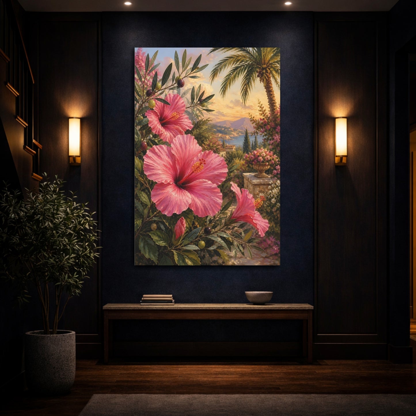 Mockup 4. Floral Pink Hibiscus Pink Hibiscus shown as stretched canvas wall art