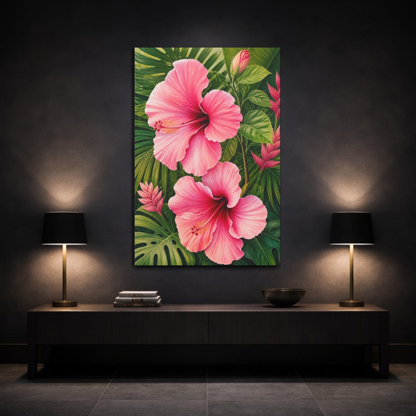 Mockup 3. Floral Pink Hibiscus shown as canvas print