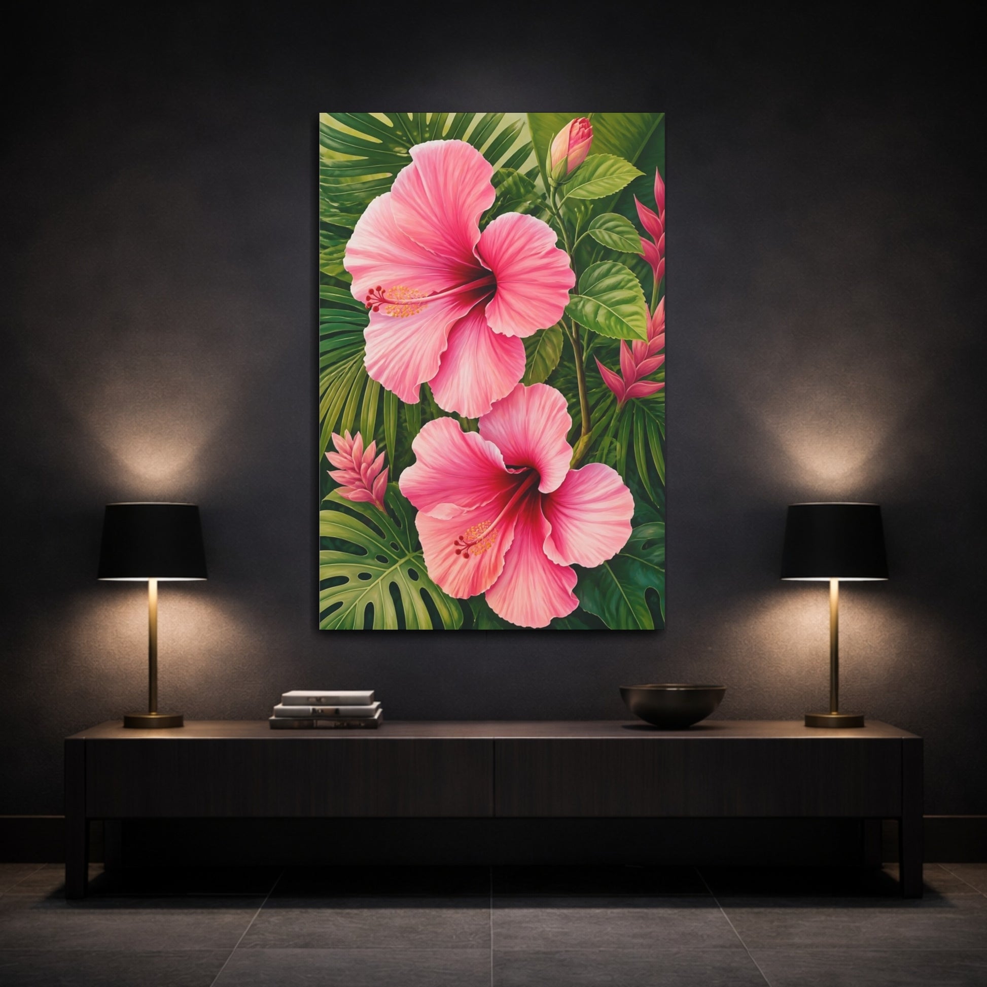 Mockup 3. Floral Pink Hibiscus shown as canvas print