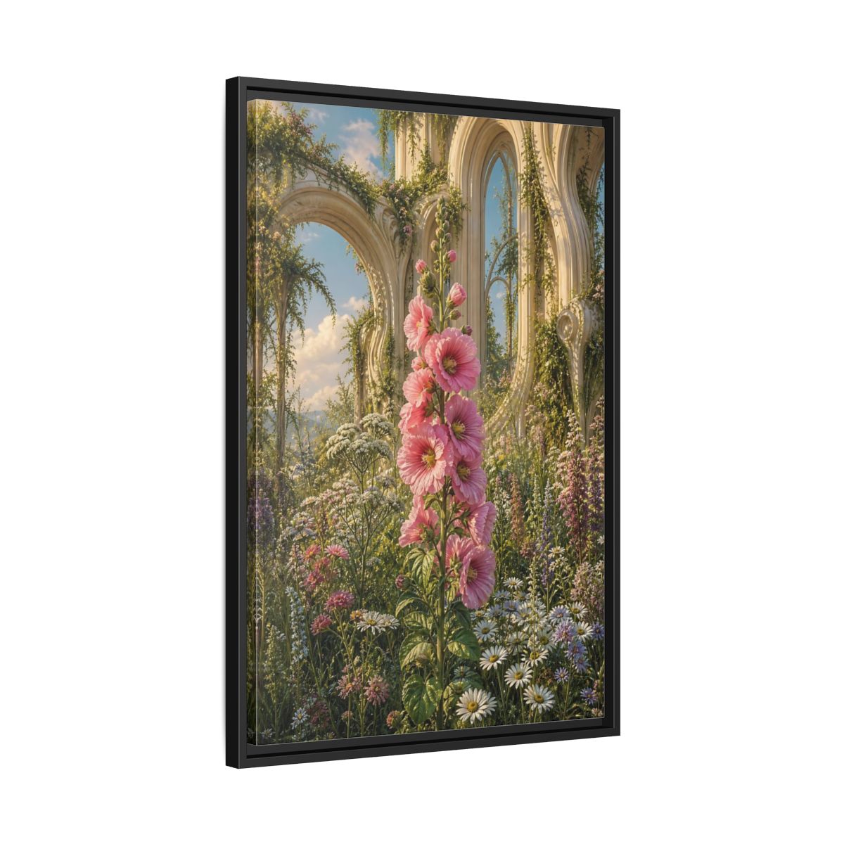 Floral Pink Hollyhocks Garden Framed Canvas Wall Art - Romantic Living Room shown as canvas wall art