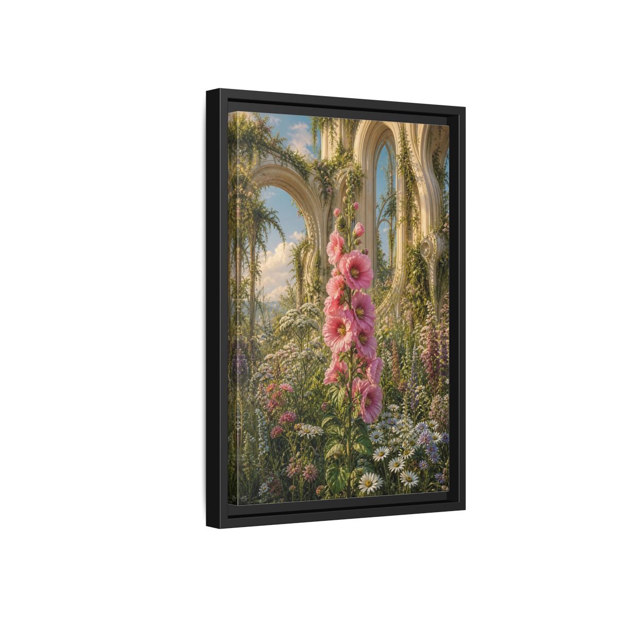 Floral Pink Hollyhocks Garden Framed Canvas Wall Art - Romantic Living Room shown as canvas wall art