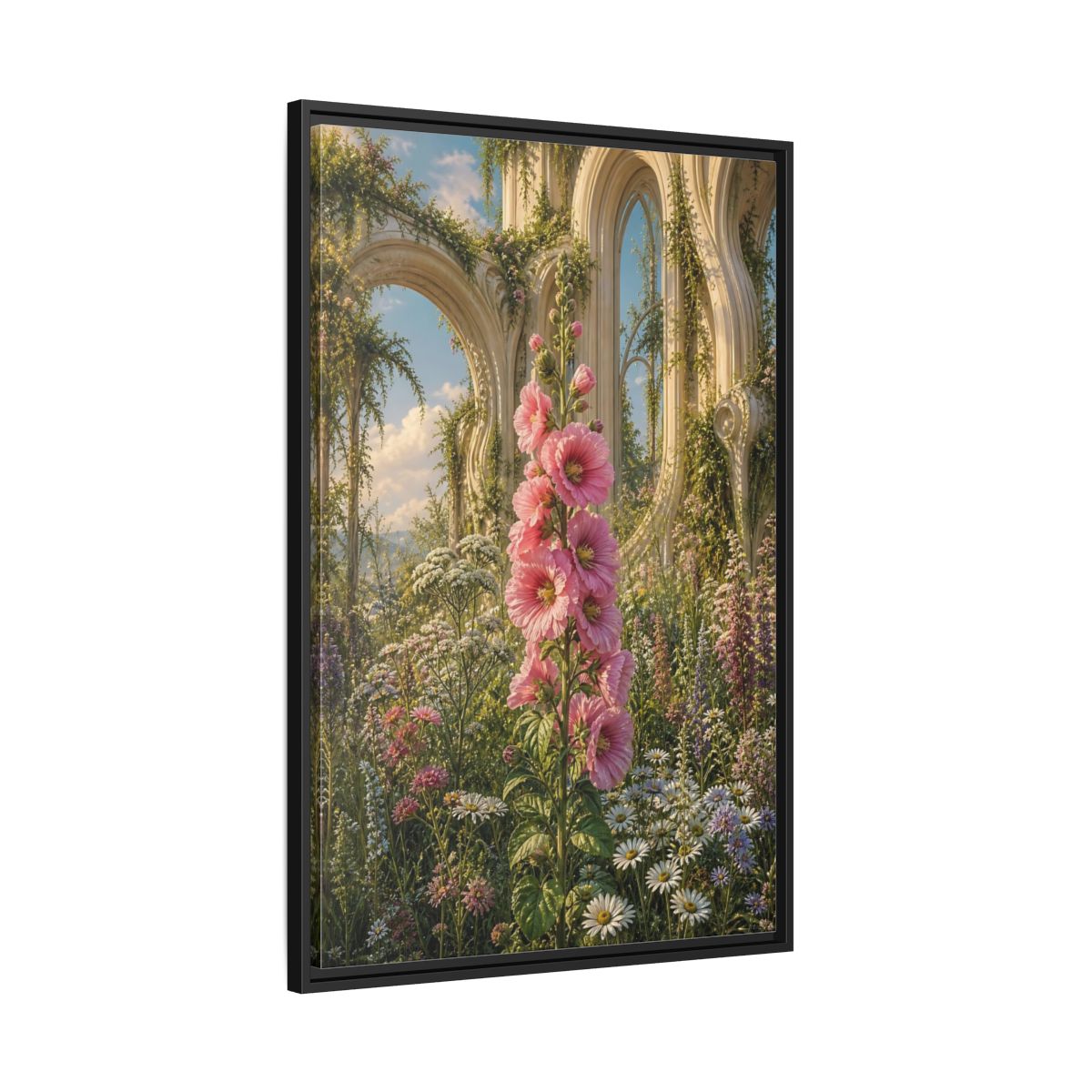 Floral Pink Hollyhocks Garden Framed Canvas Wall Art - Romantic Living Room shown as canvas wall art