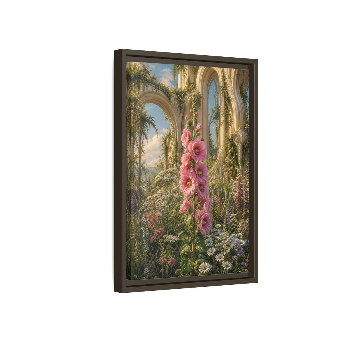 Floral Pink Hollyhocks Garden Framed Canvas Wall Art - Romantic Living Room shown as canvas wall art