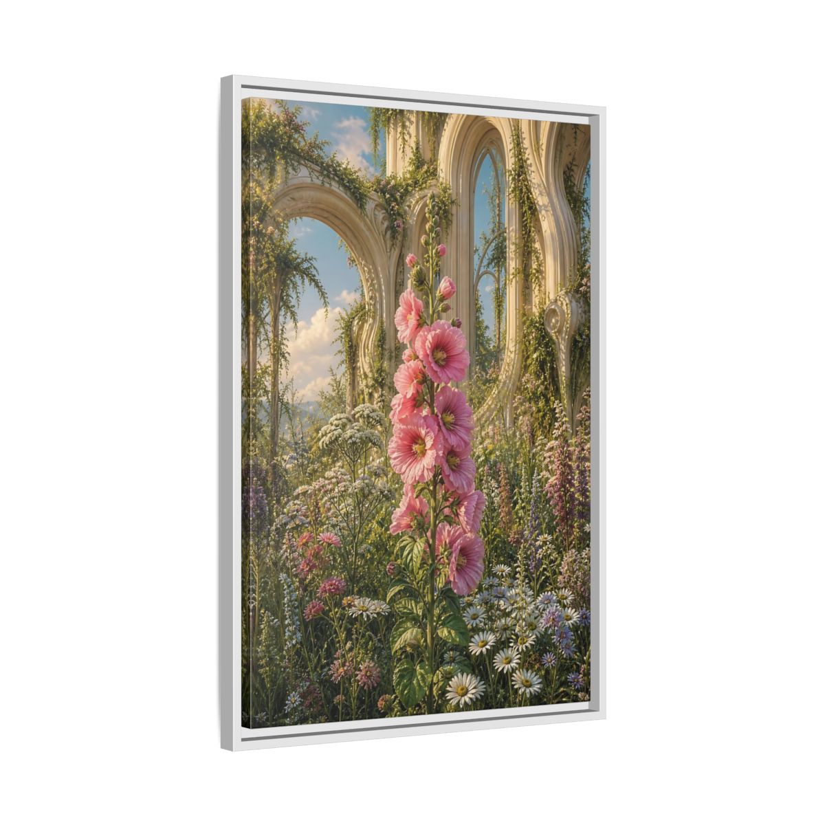 Floral Pink Hollyhocks Garden Framed Canvas Wall Art - Romantic Living Room shown as canvas wall art