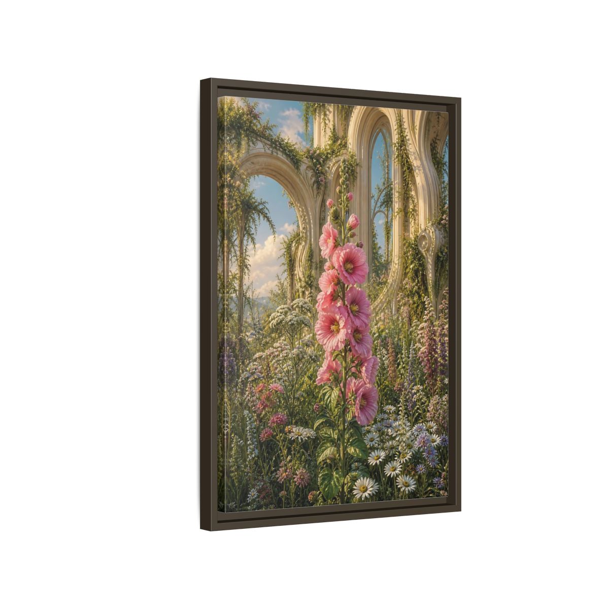 Floral Pink Hollyhocks Garden Framed Canvas Wall Art - Romantic Living Room shown as canvas wall art
