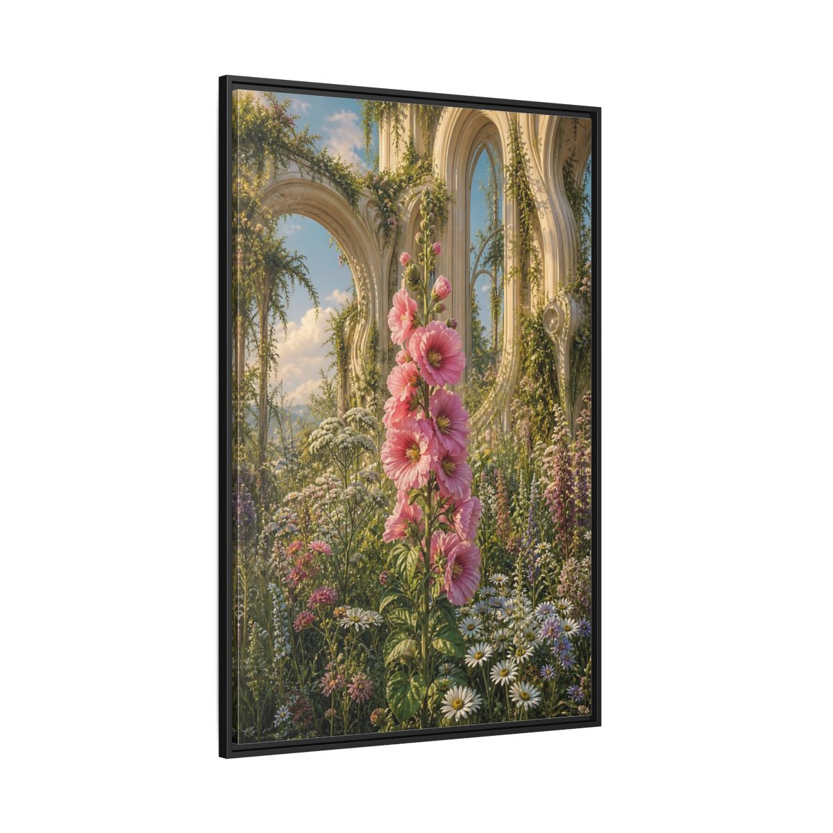 Floral Pink Hollyhocks Garden Framed Canvas Wall Art - Romantic Living Room shown as canvas wall art