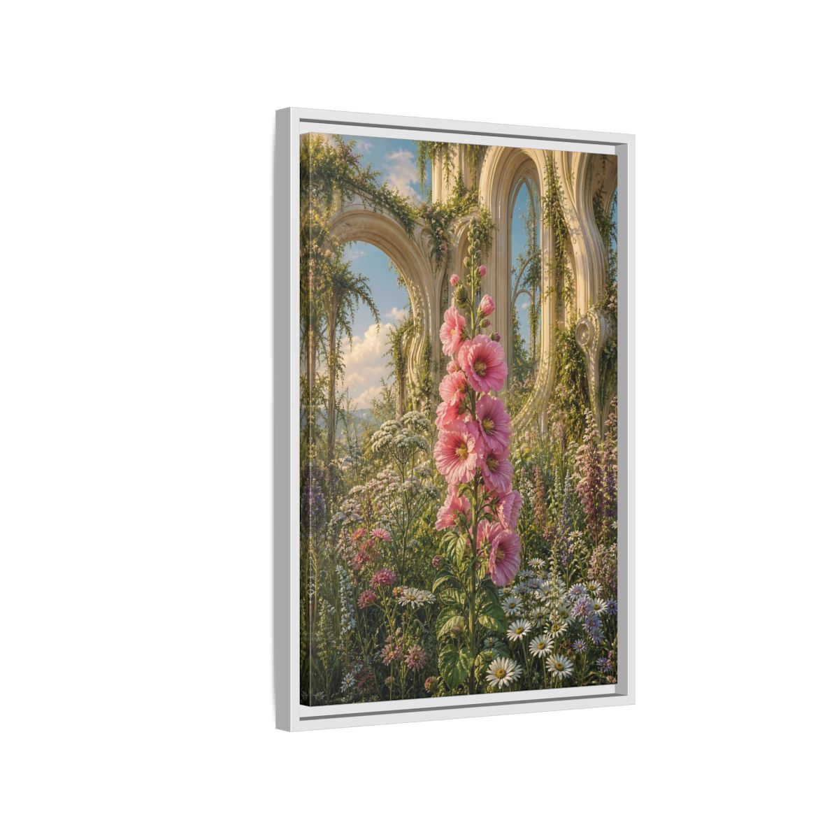 Floral Pink Hollyhocks Garden Framed Canvas Wall Art - Romantic Living Room shown as canvas wall art