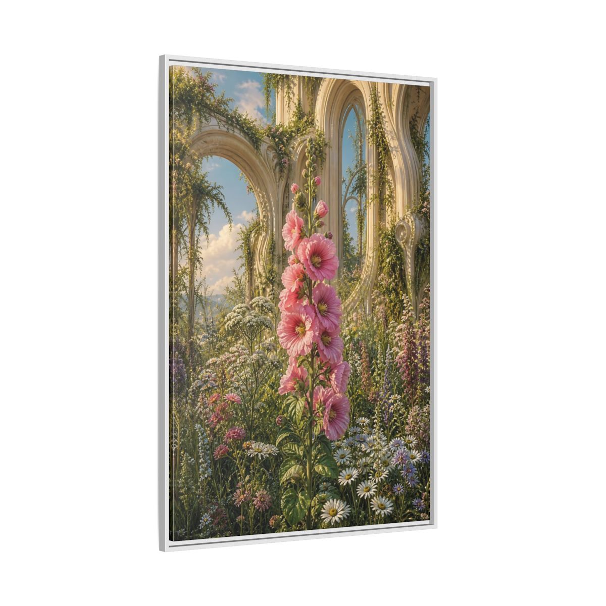 Floral Pink Hollyhocks Garden Framed Canvas Wall Art - Romantic Living Room shown as canvas wall art