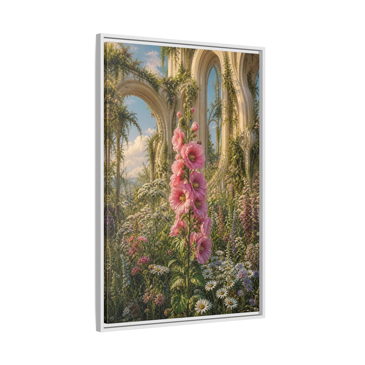Floral Pink Hollyhocks Garden Framed Canvas Wall Art - Romantic Living Room shown as canvas wall art
