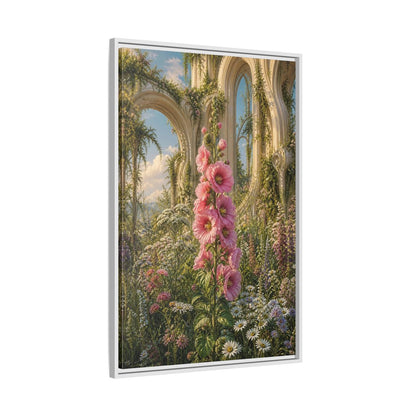 Floral Pink Hollyhocks Garden Framed Canvas Wall Art - Romantic Living Room shown as canvas wall art