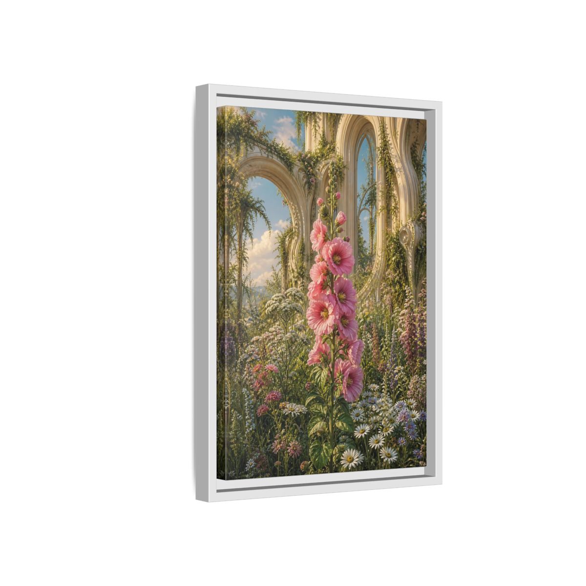 Floral Pink Hollyhocks Garden Framed Canvas Wall Art - Romantic Living Room shown as canvas wall art