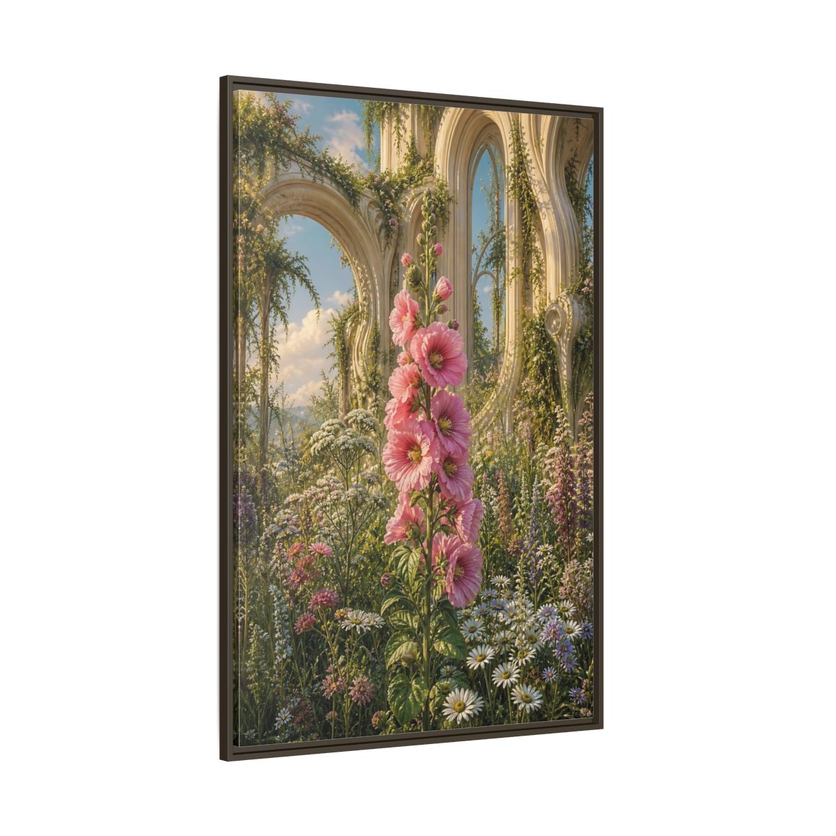 Floral Pink Hollyhocks Garden Framed Canvas Wall Art - Romantic Living Room shown as canvas wall art