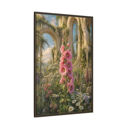 Floral Pink Hollyhocks Garden Framed Canvas Wall Art - Romantic Living Room shown as canvas wall art