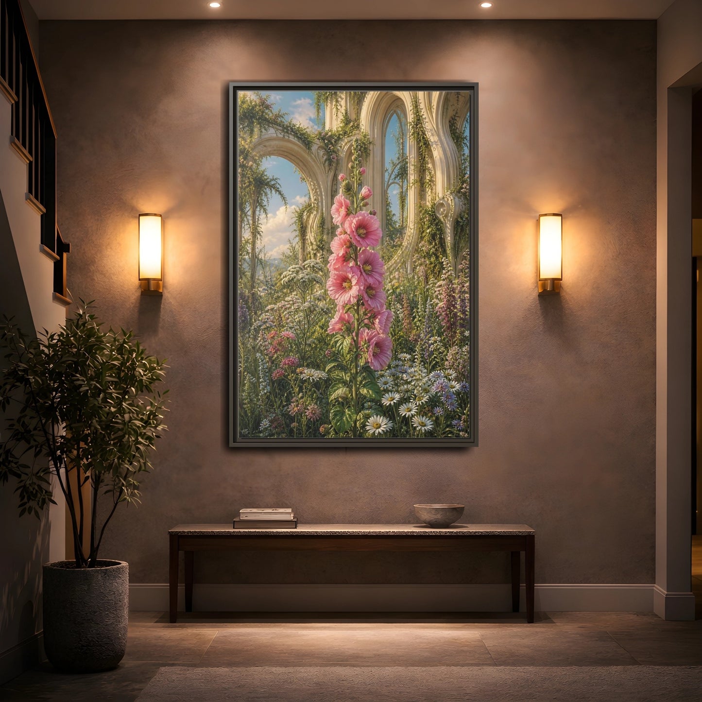 Floral Pink Hollyhocks Garden Framed Canvas Wall Art - Romantic Living Room shown as canvas wall art